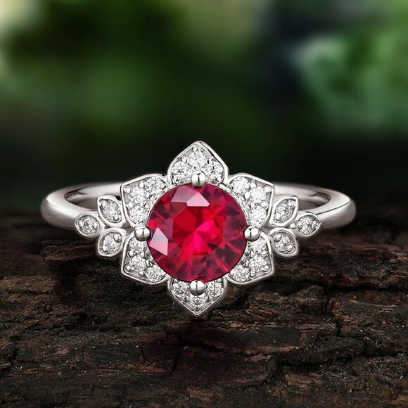 Vintage Style Floral ring - Red Ruby, Art Deco Flower Ring July Birthstone - Picture 1 of 4